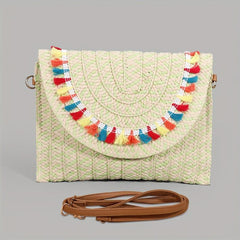 Vintage Ethnic Envelope Bag Retro Boho Clutch Straw Handbag & Wristlet