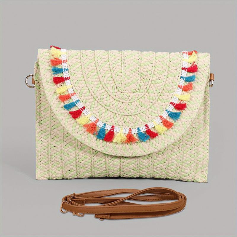 Vintage Ethnic Envelope Bag Retro Boho Clutch Straw Handbag & Wristlet