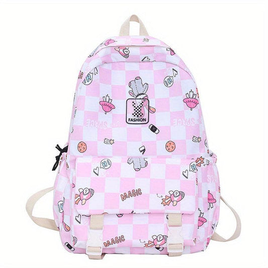 Nylon Plaid Backpack w/ Rabbits Pattern Students Backpack