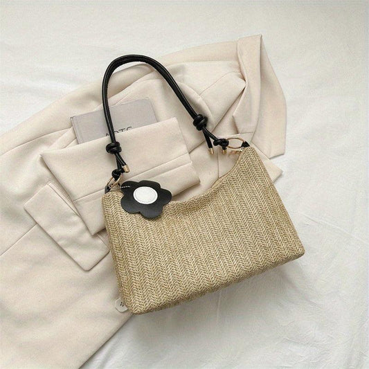 Flower Decor Woven Underarm Bag Lightweight Textured Bag Purse