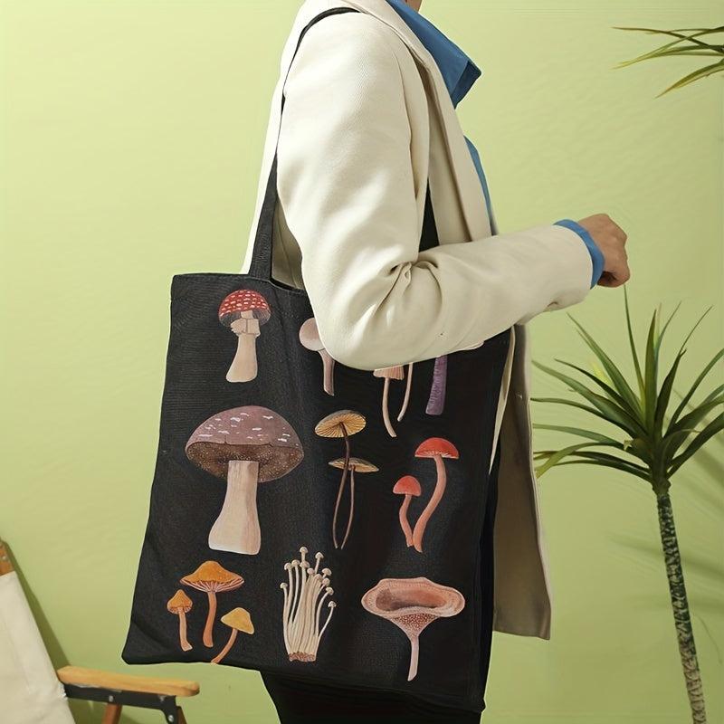 Mushroom Print Canvas Tote Bag Large Capacity Shoulder Bag