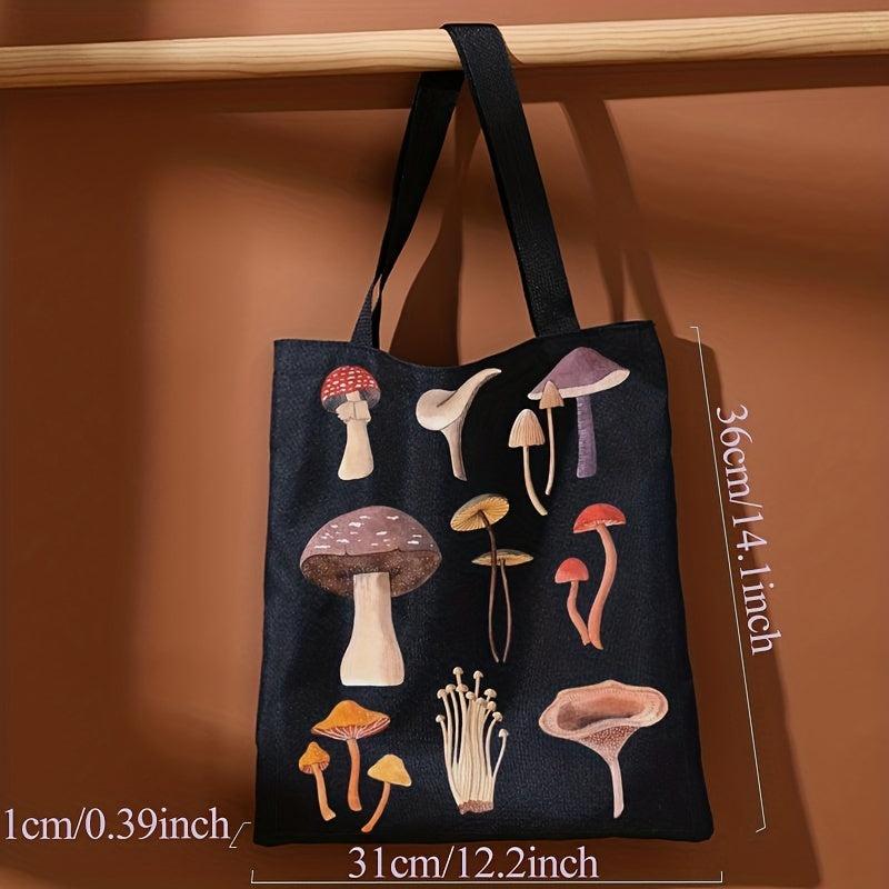 Mushroom Print Canvas Tote Bag Large Capacity Shoulder Bag