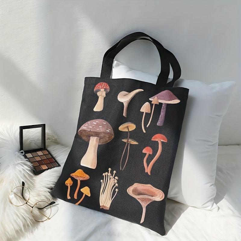 Mushroom Print Canvas Tote Bag Large Capacity Shoulder Bag