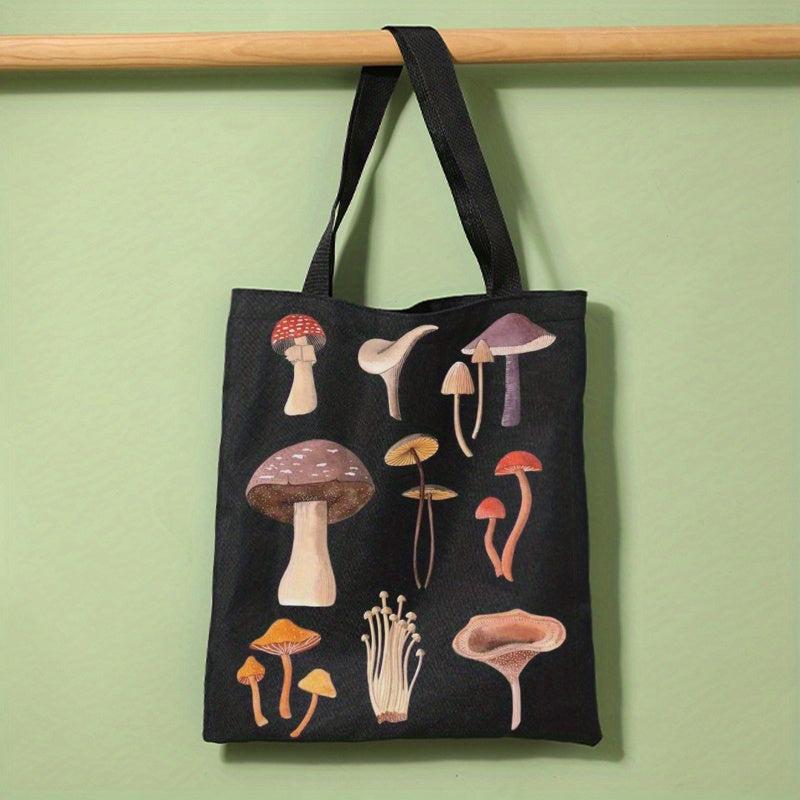 Mushroom Print Canvas Tote Bag Large Capacity Shoulder Bag