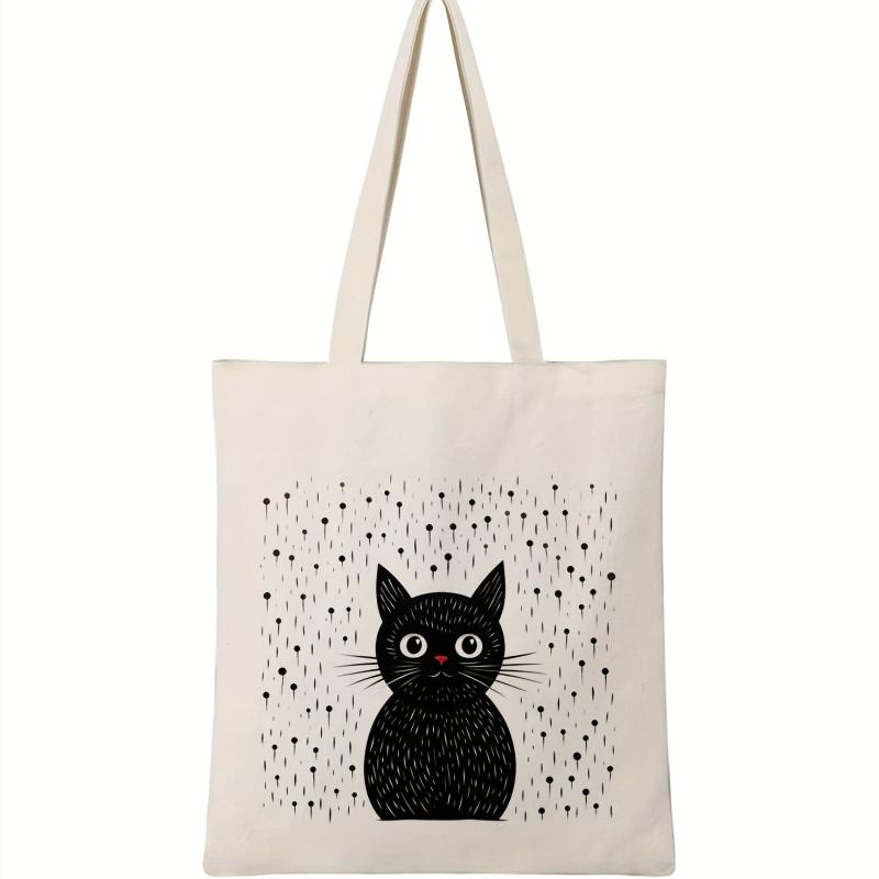 Cartoon Cat Pattern Canvas Shoulder Bag Halloween Storage Bag