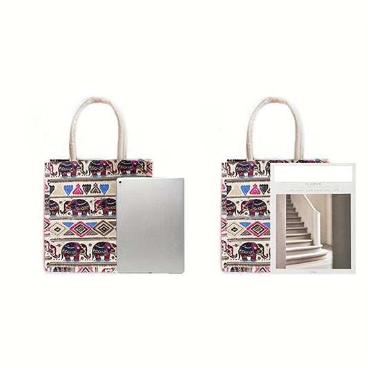 Cartoon Elephant & Geometric Pattern Tote Bag Top Handle Handbag