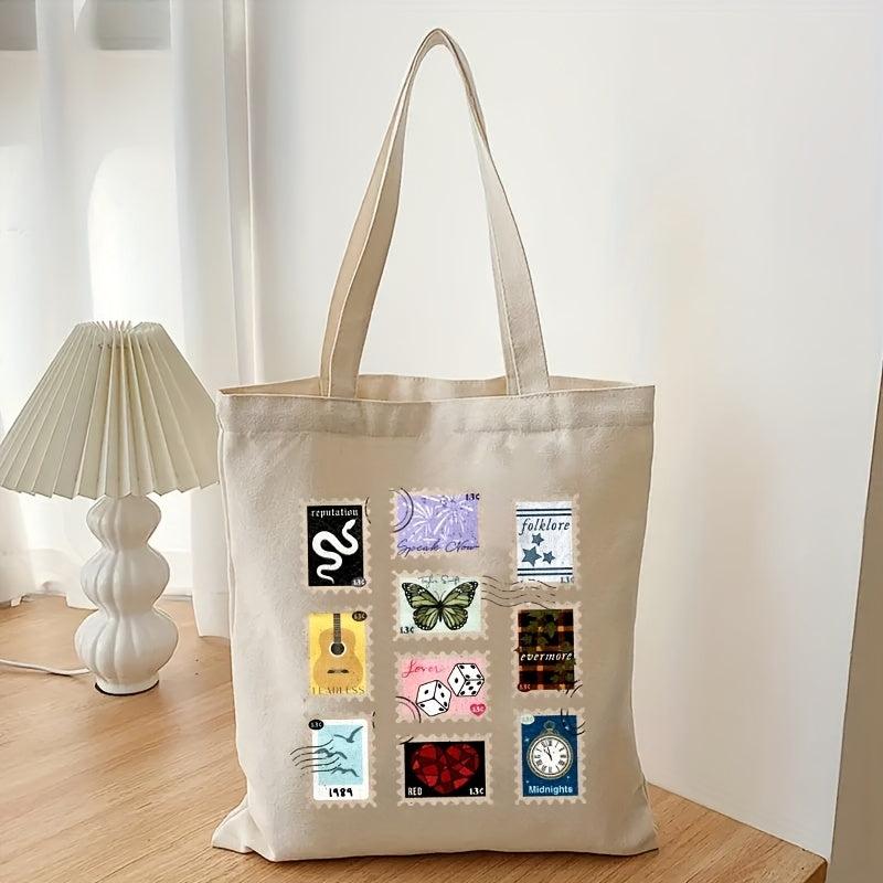 Stamp Pattern Canvas Shopping Bag Eco Friendly Portable Shoulder Bag