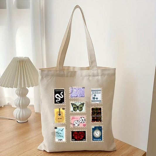 Stamp Pattern Canvas Shopping Bag Eco Friendly Portable Shoulder Bag
