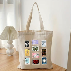 Stamp Pattern Canvas Shopping Bag Eco Friendly Portable Shoulder Bag