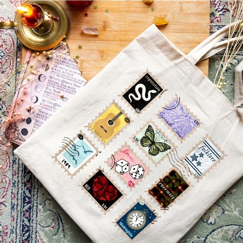 Stamp Pattern Canvas Shopping Bag Eco Friendly Portable Shoulder Bag