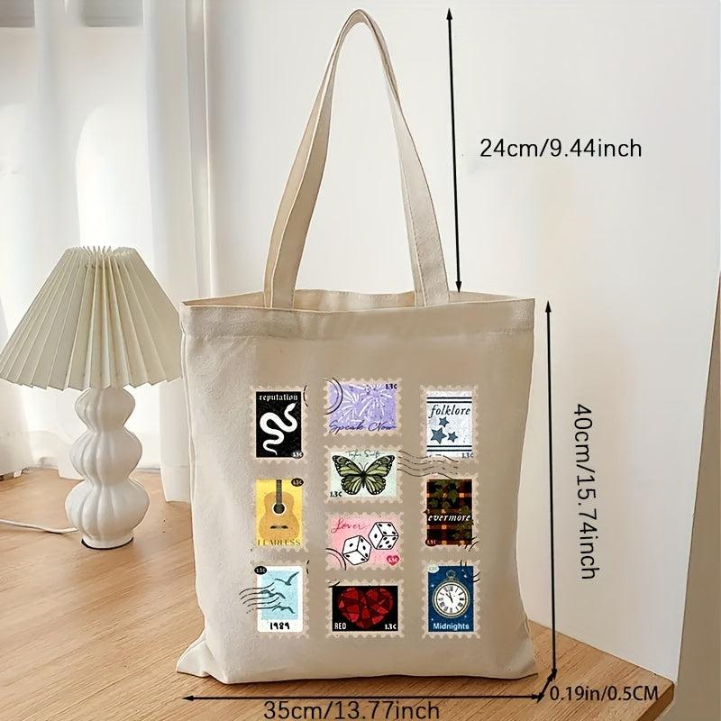 Stamp Pattern Canvas Shopping Bag Eco Friendly Portable Shoulder Bag