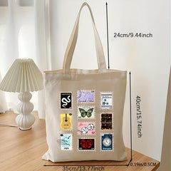 Stamp Pattern Canvas Shopping Bag Eco Friendly Portable Shoulder Bag