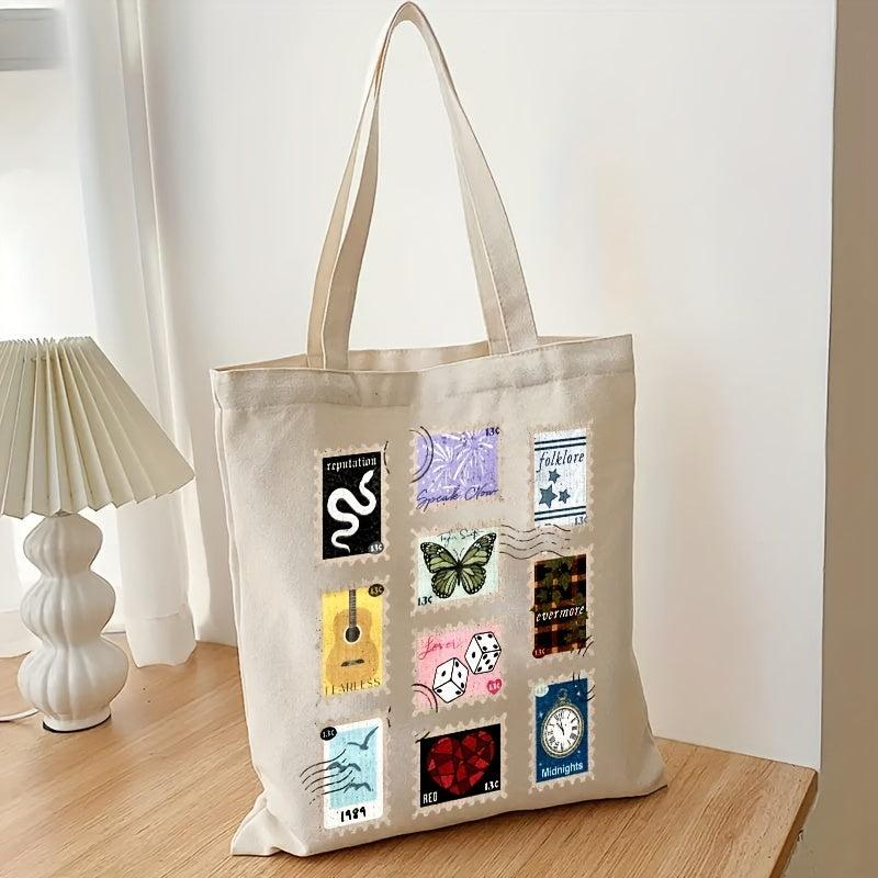Stamp Pattern Canvas Shopping Bag Eco Friendly Portable Shoulder Bag