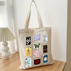 Stamp Pattern Canvas Shopping Bag Eco Friendly Portable Shoulder Bag