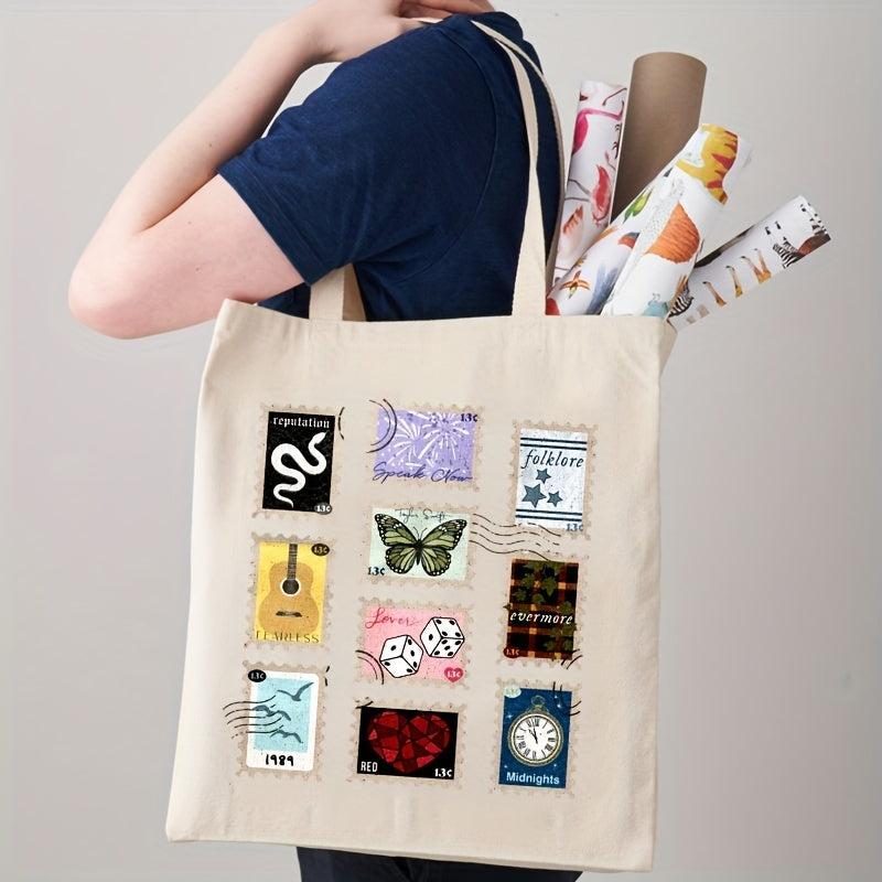 Stamp Pattern Canvas Shopping Bag Eco Friendly Portable Shoulder Bag