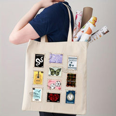Stamp Pattern Canvas Shopping Bag Eco Friendly Portable Shoulder Bag
