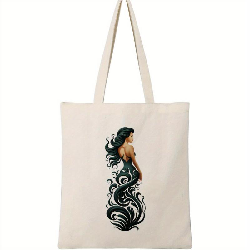 Mermaid Pattern Canvas Shoulder Bag Reusable Shopping Grocery Bag