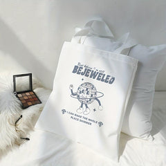Happy Globe Print Canvas Tote Bag Travel Beach Shoulder Bag