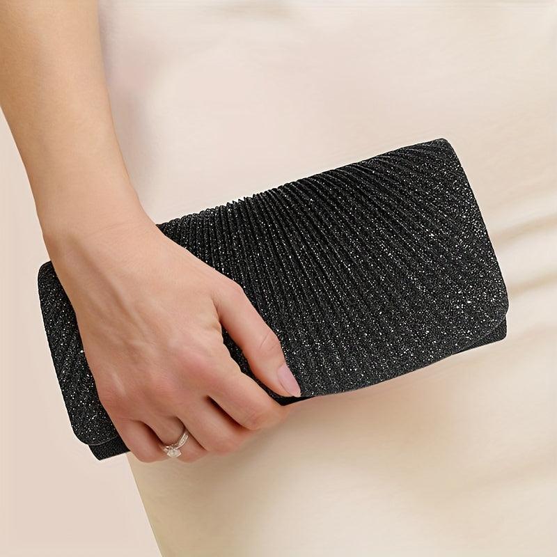 Glitter Ruched Evening Bag Flap Banquet Clutch Purse Women's Bling Handbags