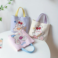 Cartoon Bunny Pattern Canvas Handbags Portable Lunch Box Bag