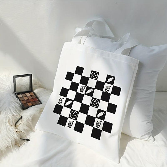 Checkerboard Print Canvas Tote Bag Large Capacity Shoulder Bag