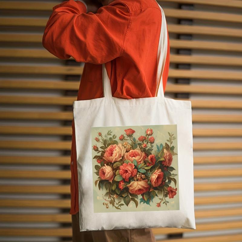 Flowers Pattern Canvas Handbag Large Shopping Bag Storage Bag