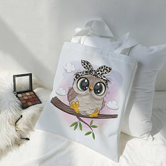 Cartoon Owl Print Canvas Tote Bag Casual Travel Beach Shoulder Bag