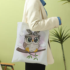 Cartoon Owl Print Canvas Tote Bag Casual Travel Beach Shoulder Bag