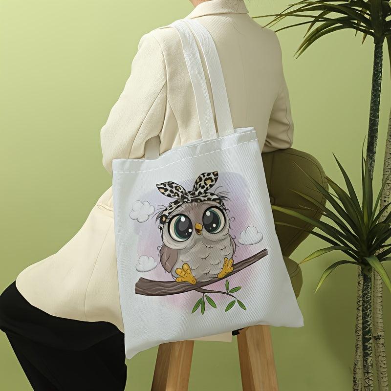 Cartoon Owl Print Canvas Tote Bag Casual Travel Beach Shoulder Bag