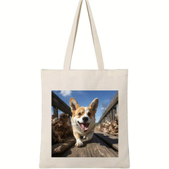 Corgi Pattern Ladies Canvas Tote Bag Large Capacity Shoulder Bag