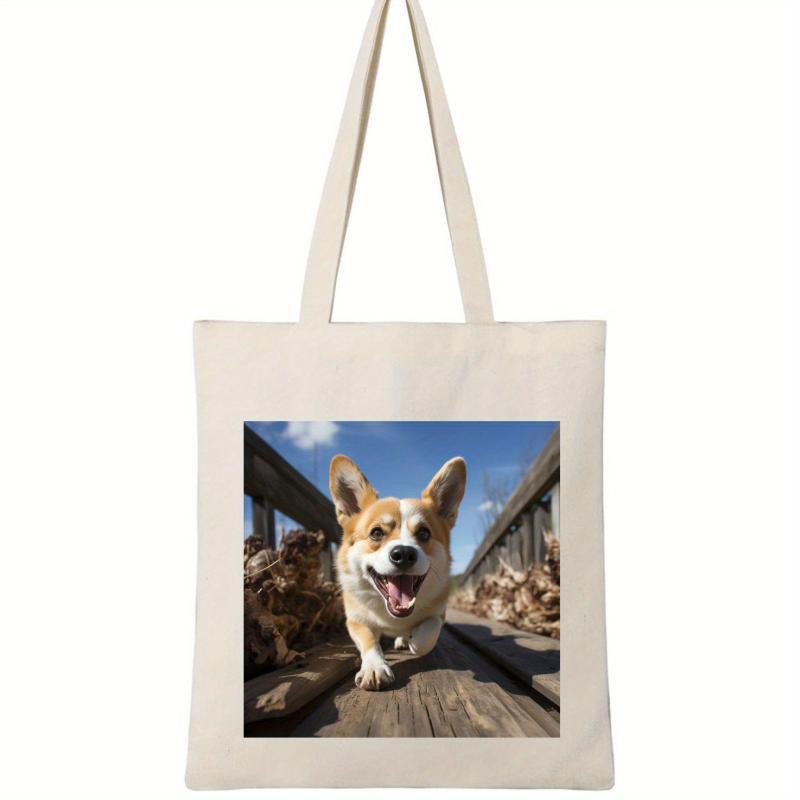 Corgi Pattern Ladies Canvas Tote Bag Large Capacity Shoulder Bag
