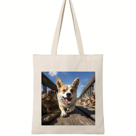 Corgi Pattern Ladies Canvas Tote Bag Large Capacity Shoulder Bag