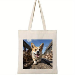 Corgi Pattern Ladies Canvas Tote Bag Large Capacity Shoulder Bag