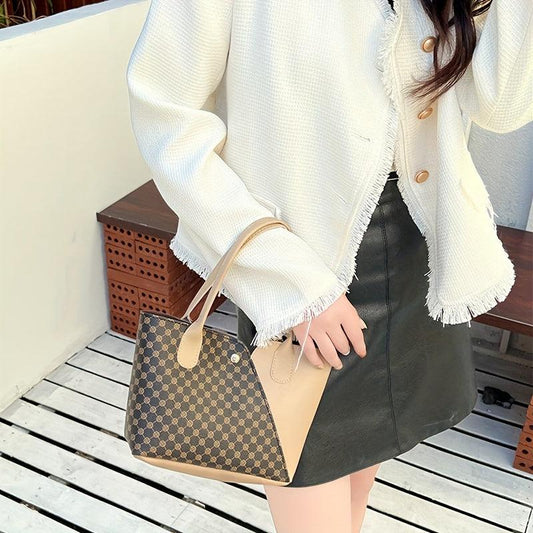 Vintage Colorblock Tote Satchel Bag Classic Handbag For Work