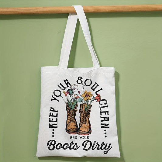 Vintage Flower Boots Tote Bag Reusable Grocery Shopping Bag