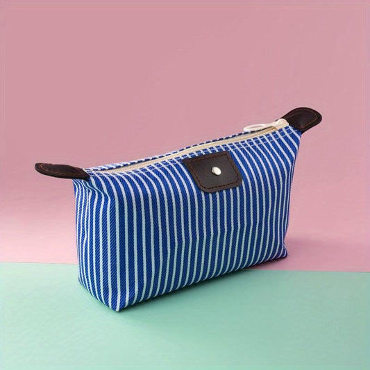 Striped Makeup Bag Travel Storage With Zipper & Toiletry Compartments