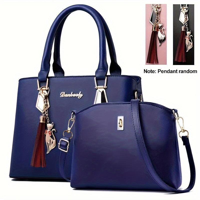 2Pcs PU Leather Handbag Set Tassel Satchel Purse Crossbody Bag for Women