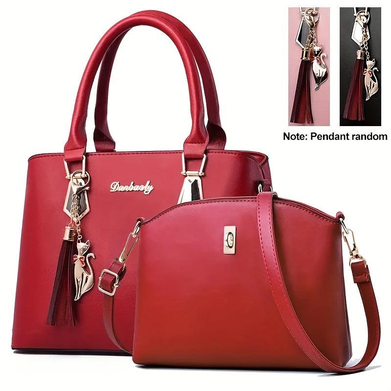 2Pcs PU Leather Handbag Set Tassel Satchel Purse Crossbody Bag for Women