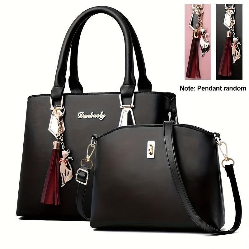 2Pcs PU Leather Handbag Set Tassel Satchel Purse Crossbody Bag for Women