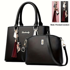 2Pcs PU Leather Handbag Set Tassel Satchel Purse Crossbody Bag for Women