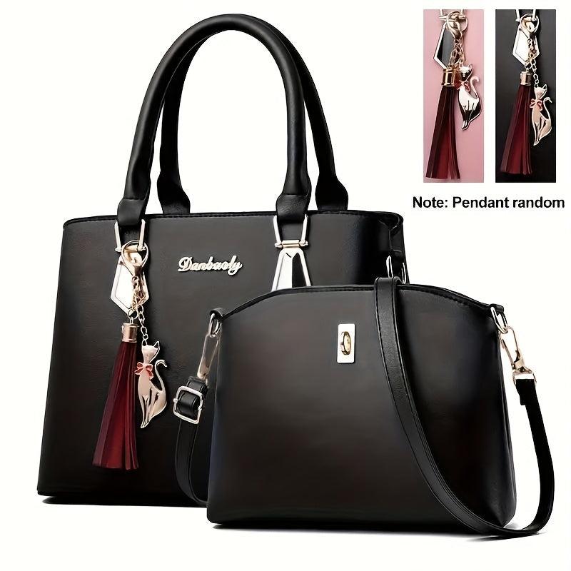 2Pcs PU Leather Handbag Set Tassel Satchel Purse Crossbody Bag for Women