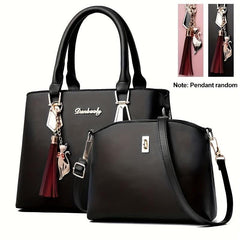 2Pcs PU Leather Handbag Set Tassel Satchel Purse Crossbody Bag for Women