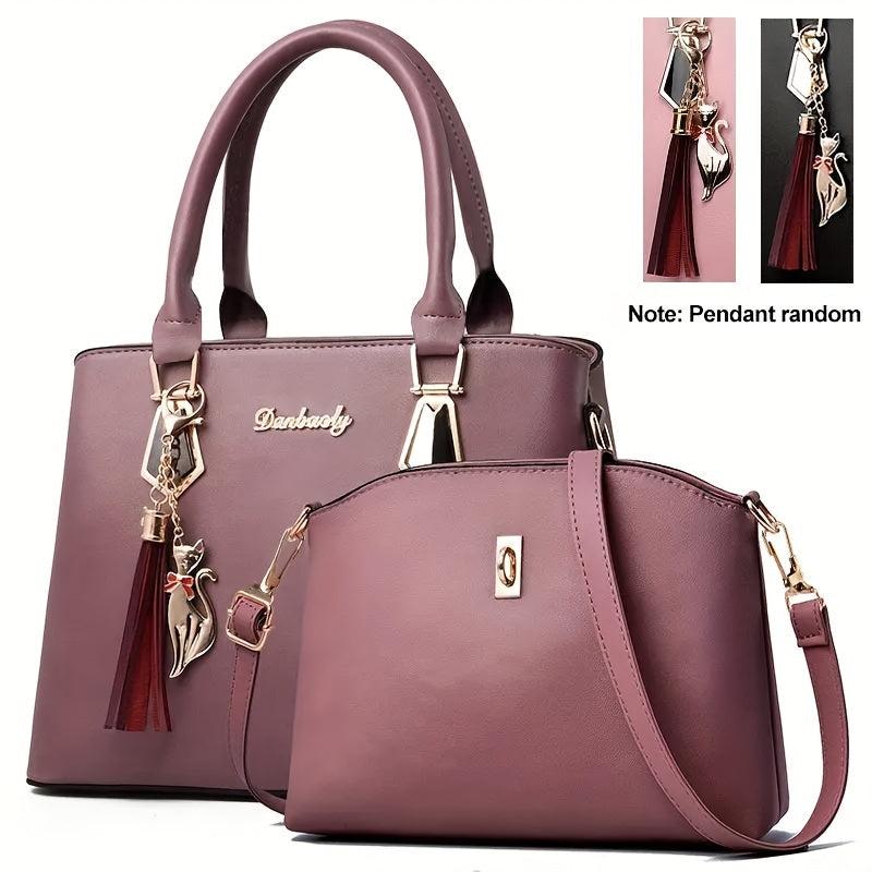 2Pcs PU Leather Handbag Set Tassel Satchel Purse Crossbody Bag for Women