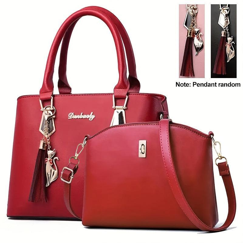 2Pcs PU Leather Handbag Set Tassel Satchel Purse Crossbody Bag for Women