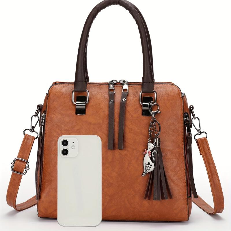 4pcs Faux Leather Bag Set w/ Tassel - Handbag, Crossbody, Clutch, Card Holder