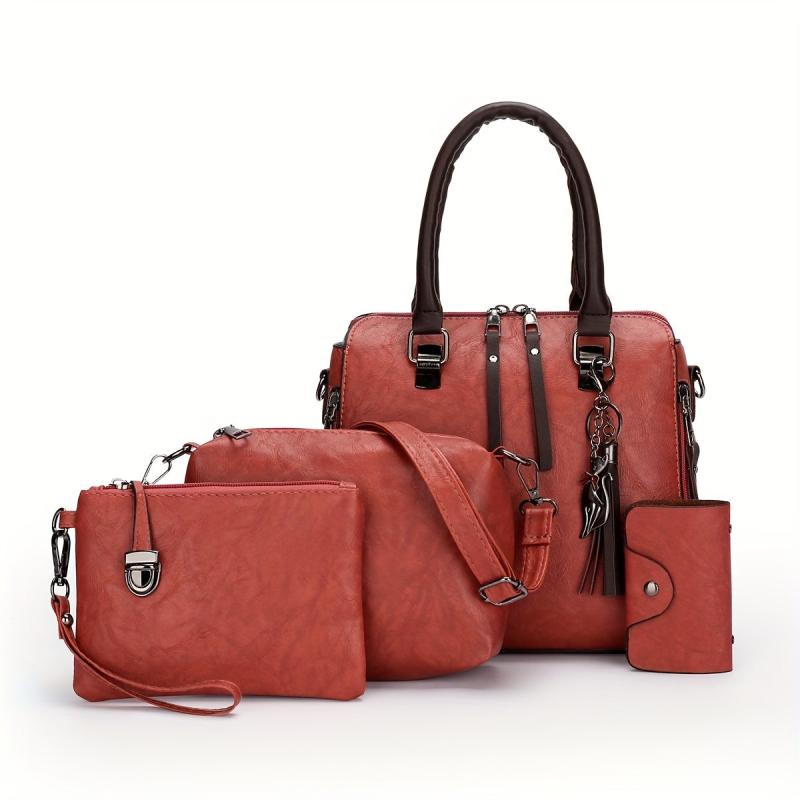 4pcs Faux Leather Bag Set w/ Tassel - Handbag, Crossbody, Clutch, Card Holder