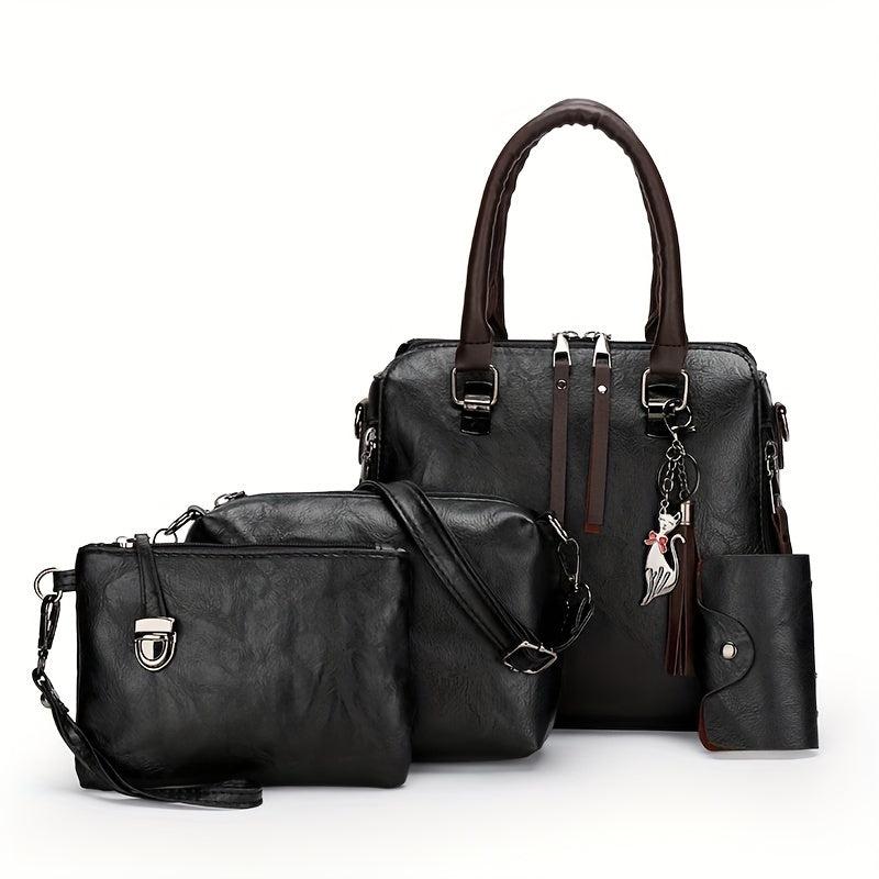 4pcs Faux Leather Bag Set w/ Tassel - Handbag, Crossbody, Clutch, Card Holder