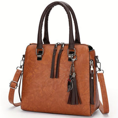 4pcs Faux Leather Bag Set w/ Tassel - Handbag, Crossbody, Clutch, Card Holder
