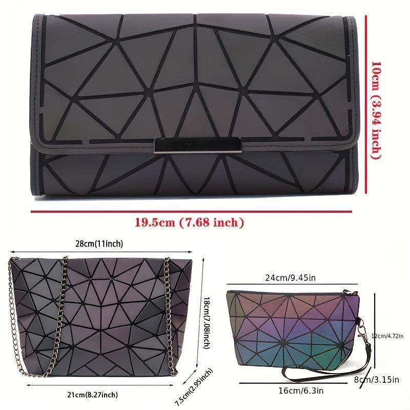 3Pcs Geometric Luminous Bag Set - Handbag, Crossbody Bag, Clutch Purse