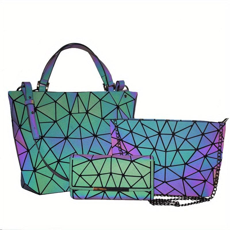 3Pcs Geometric Luminous Bag Set - Handbag, Crossbody Bag, Clutch Purse